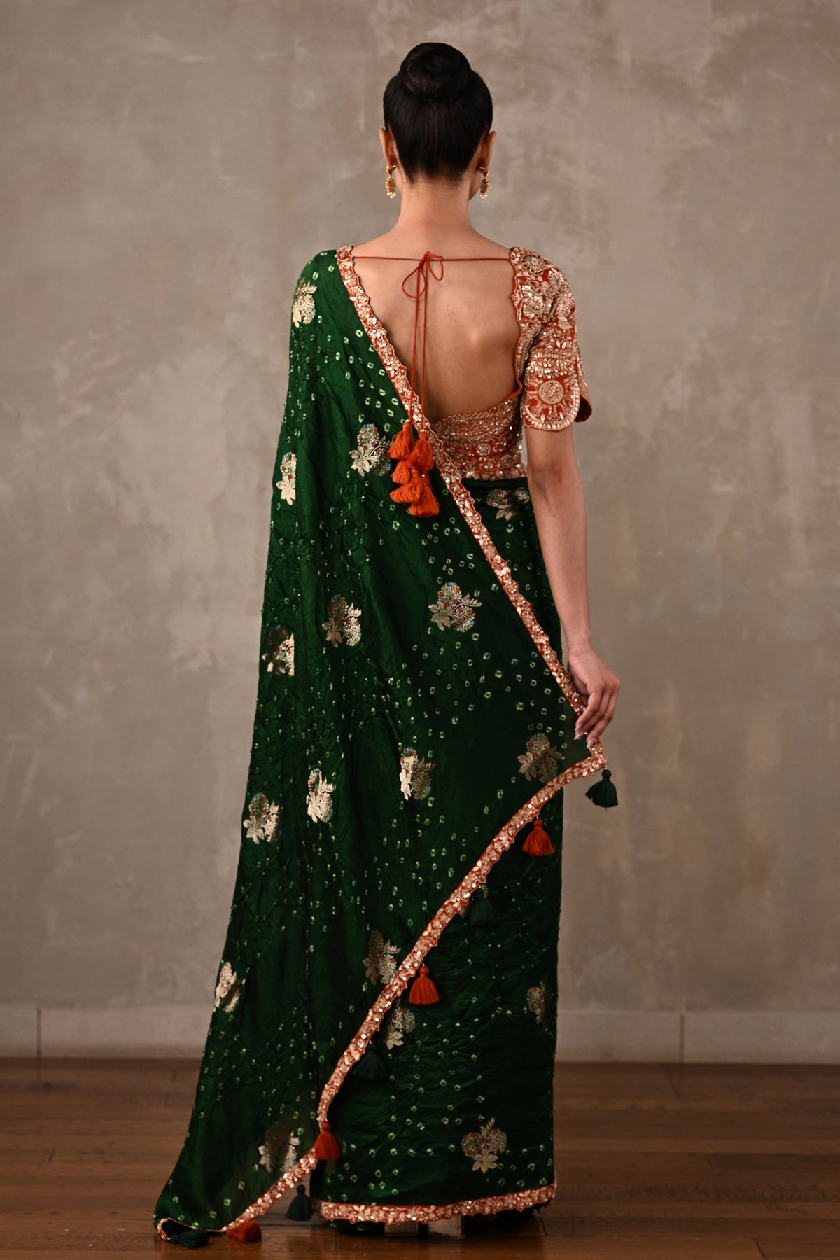 Katan Silk Bandhej Saree with Embroidered Blouse