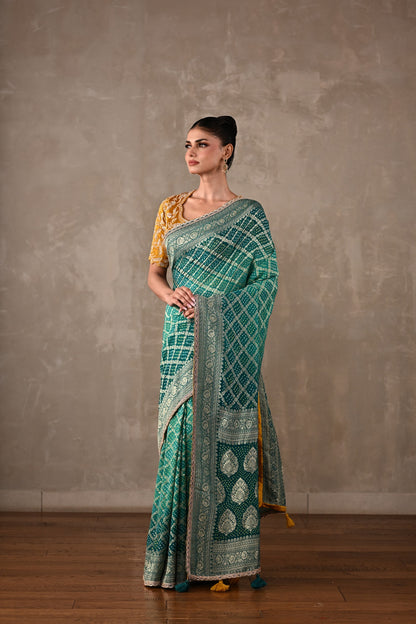 Embroidered Bandhej Saree Set