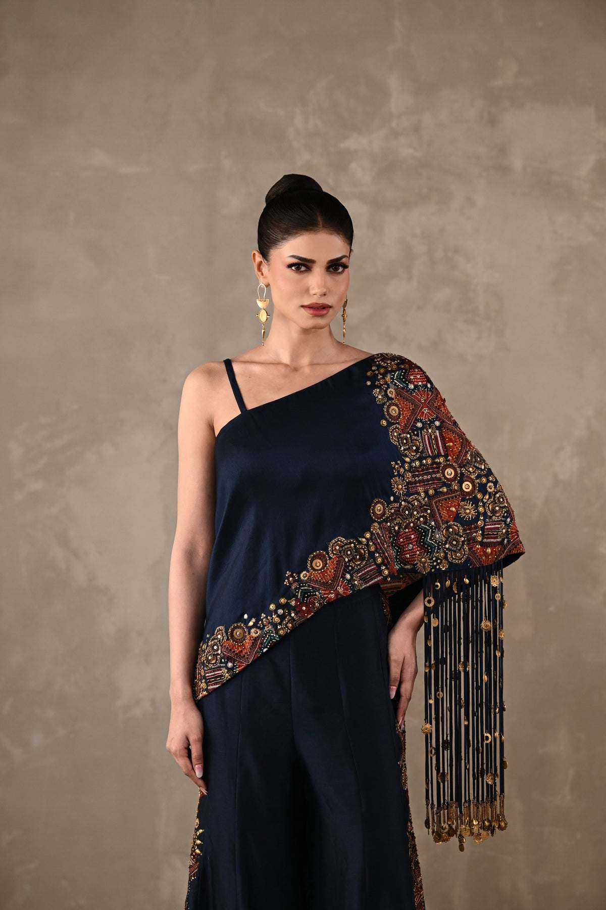 Embellished One-Shoulder Top & Flared Pants Set