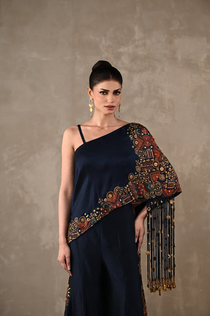 Embellished One-Shoulder Top & Flared Pants Set