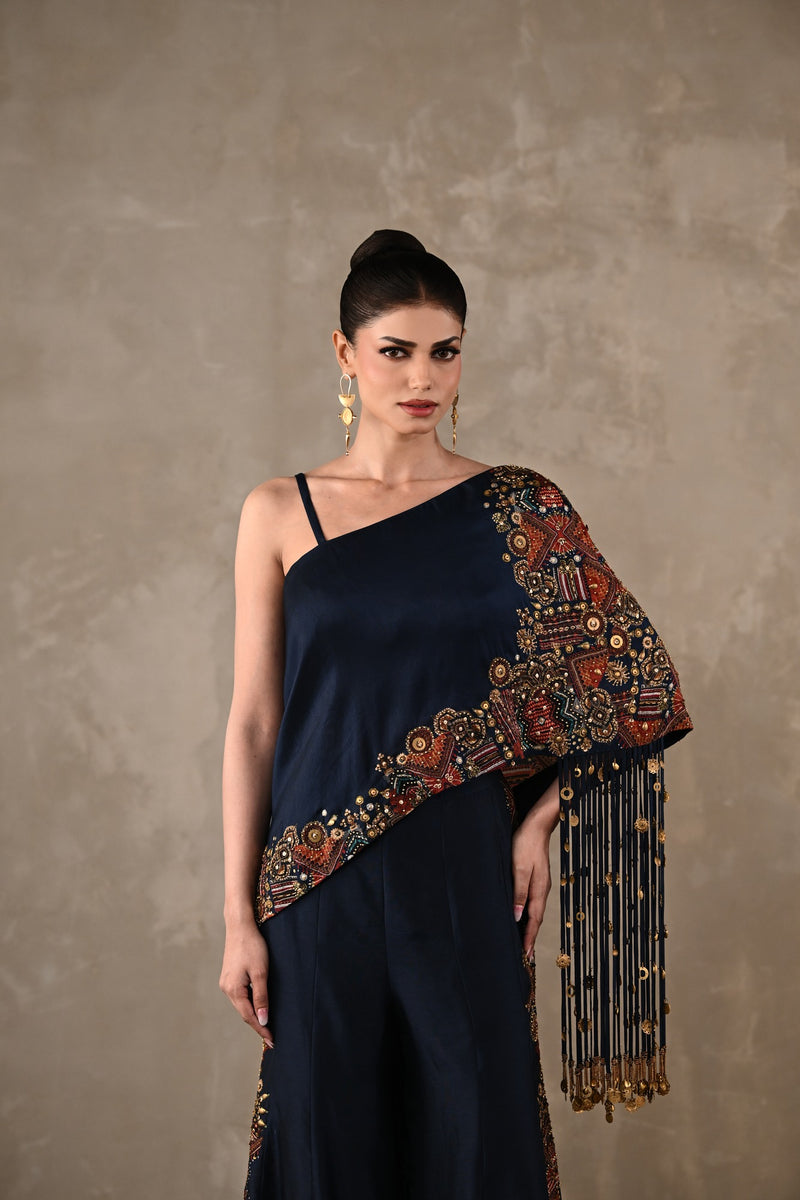 Embellished One-Shoulder Top & Flared Pants Set