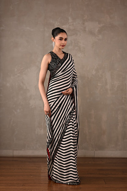 Striped Crepe Saree with Embroidered Blouse