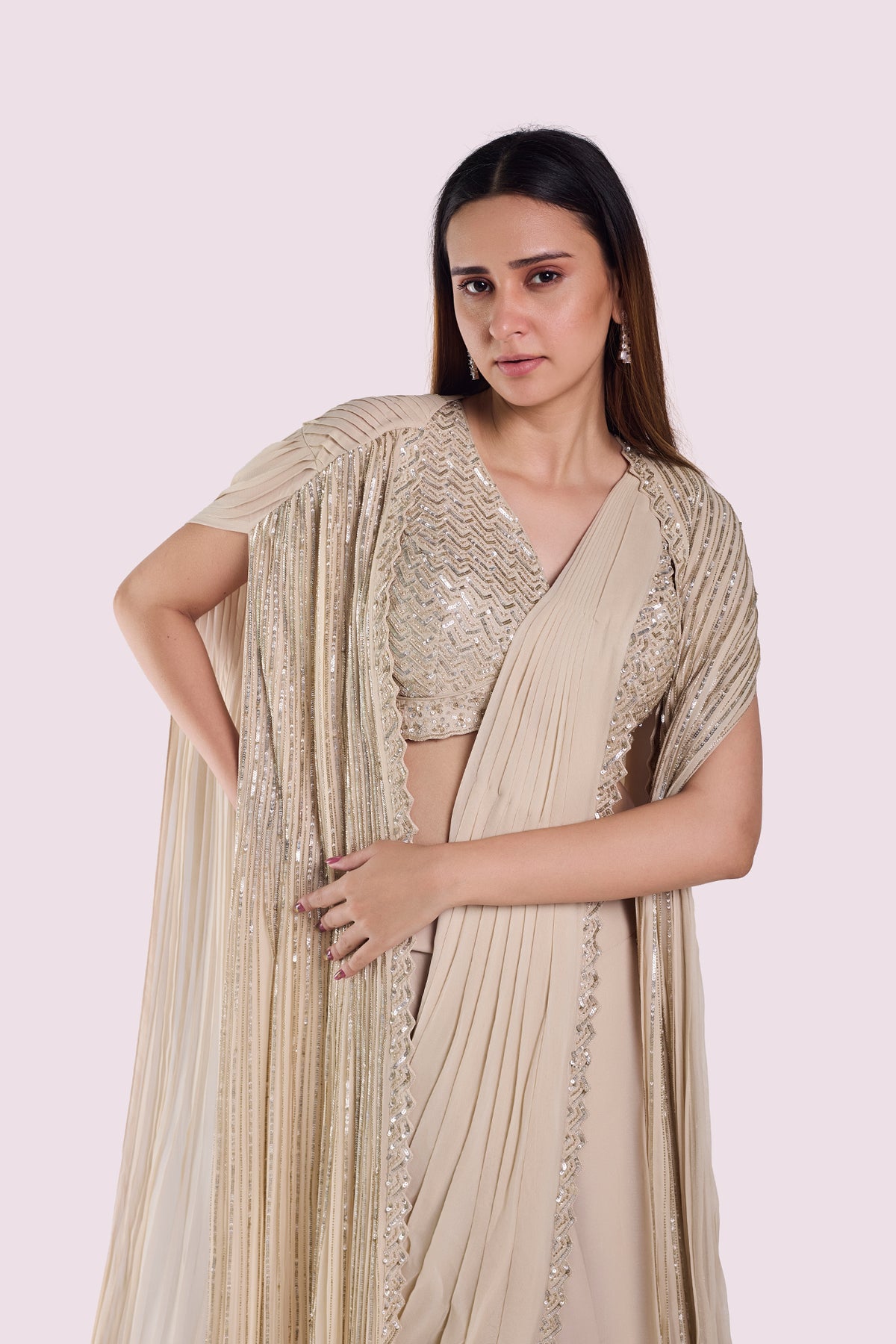 Embellished Drape Saree With Longline Cape