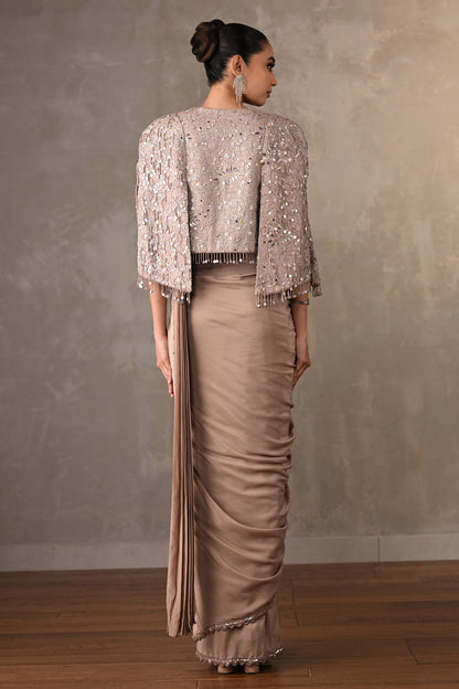 Tone-On-Tone Embroidered Drape Saree With Short Jacket