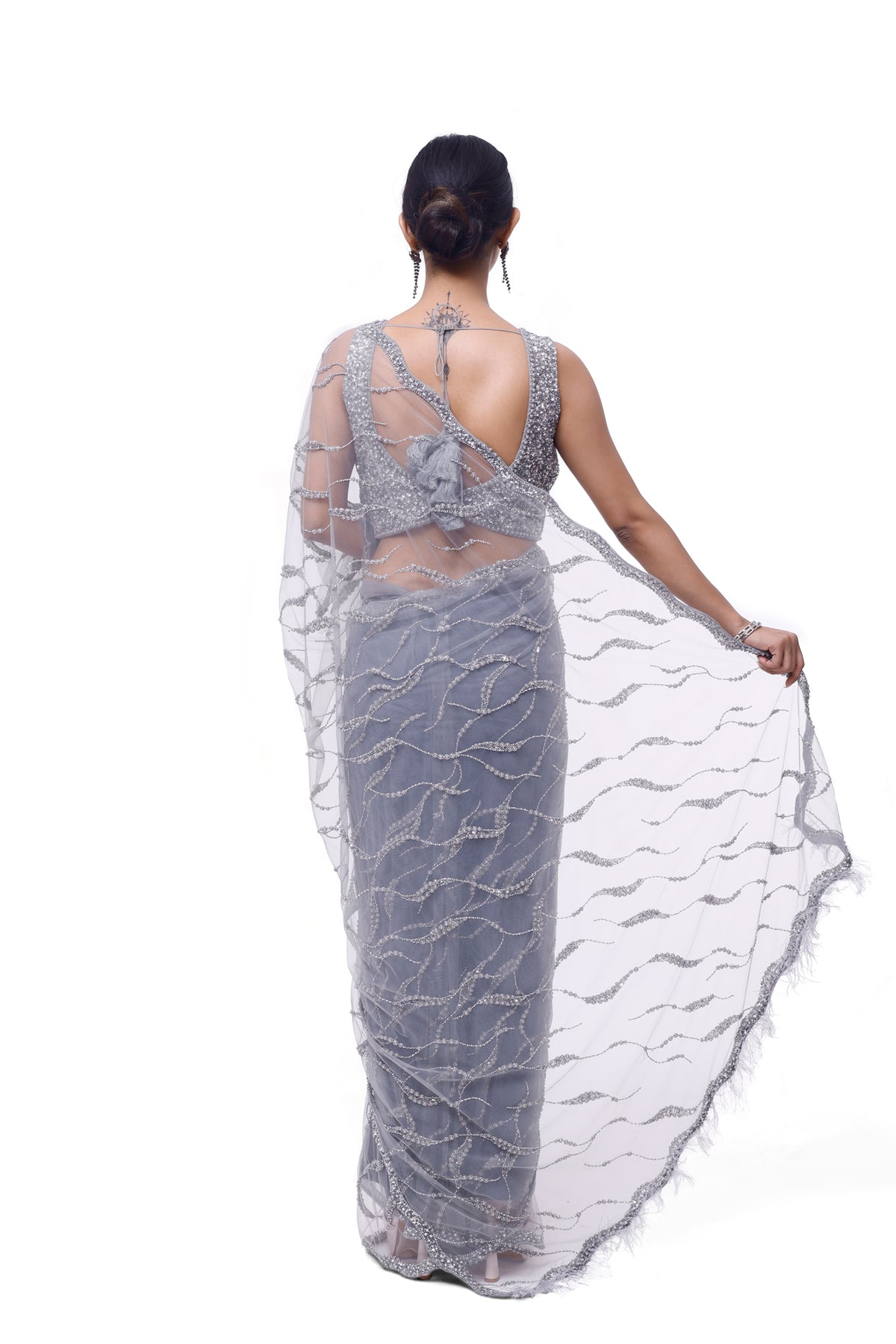 Ash Embellished Net Saree