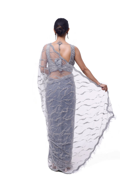 Ash Embellished Net Saree