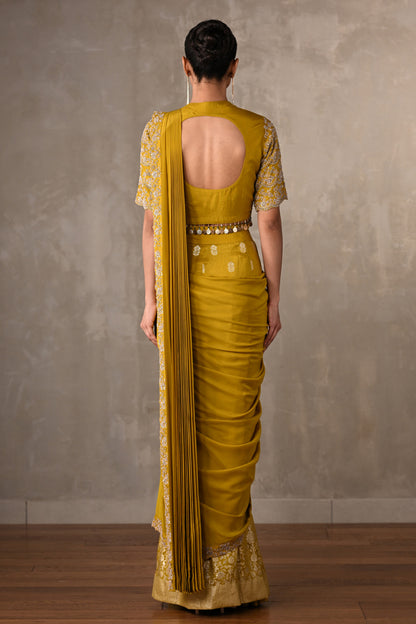 Yellow Embellished Crepe Drape Saree Set