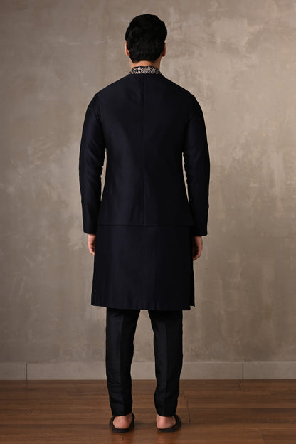 Navy Blue Chanderi Embroidered Bundi Jacket With Kurta Set