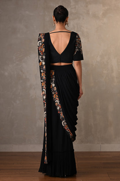 Black Embellished Pre-Stitched Saree Set