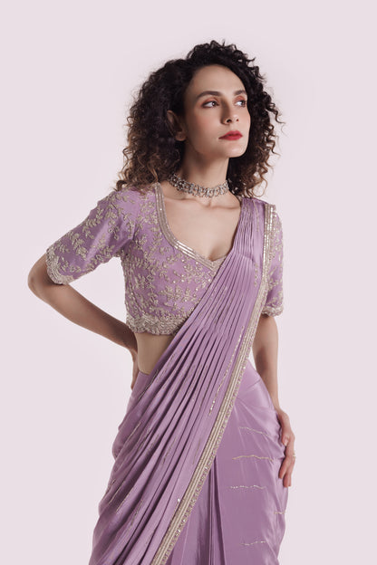 Embroidered Lavender Lycra Drape Saree