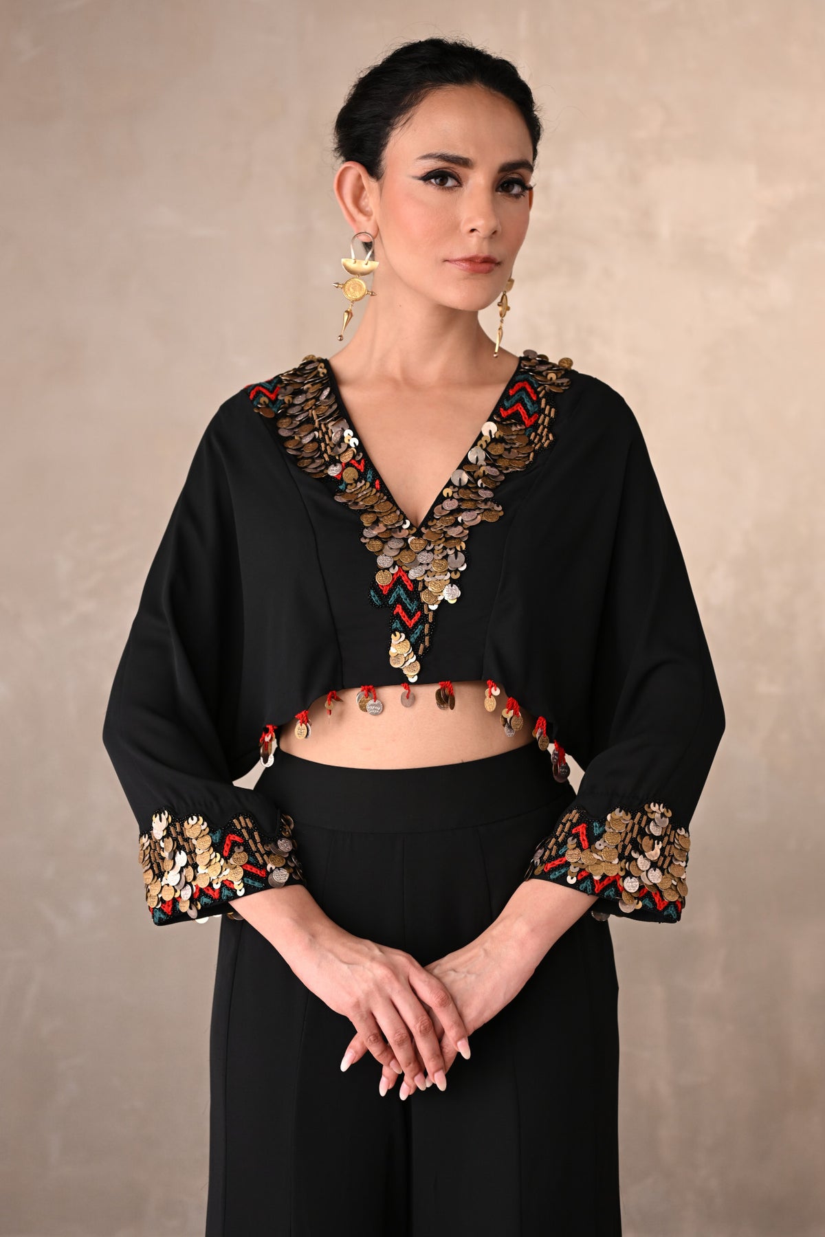 Black Georgette Embroidered Crop Top With Wide-Leg Trousers