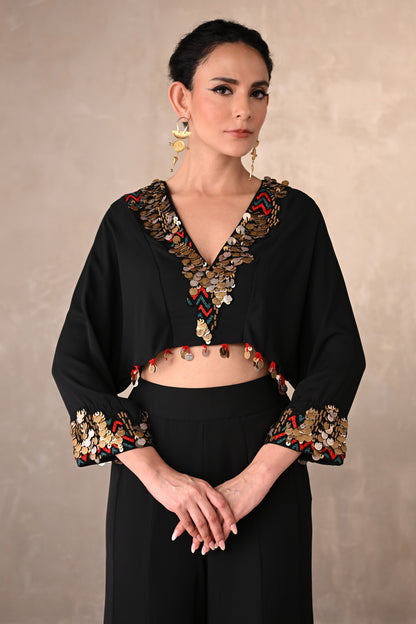 Black Georgette Embroidered Crop Top With Wide-Leg Trousers