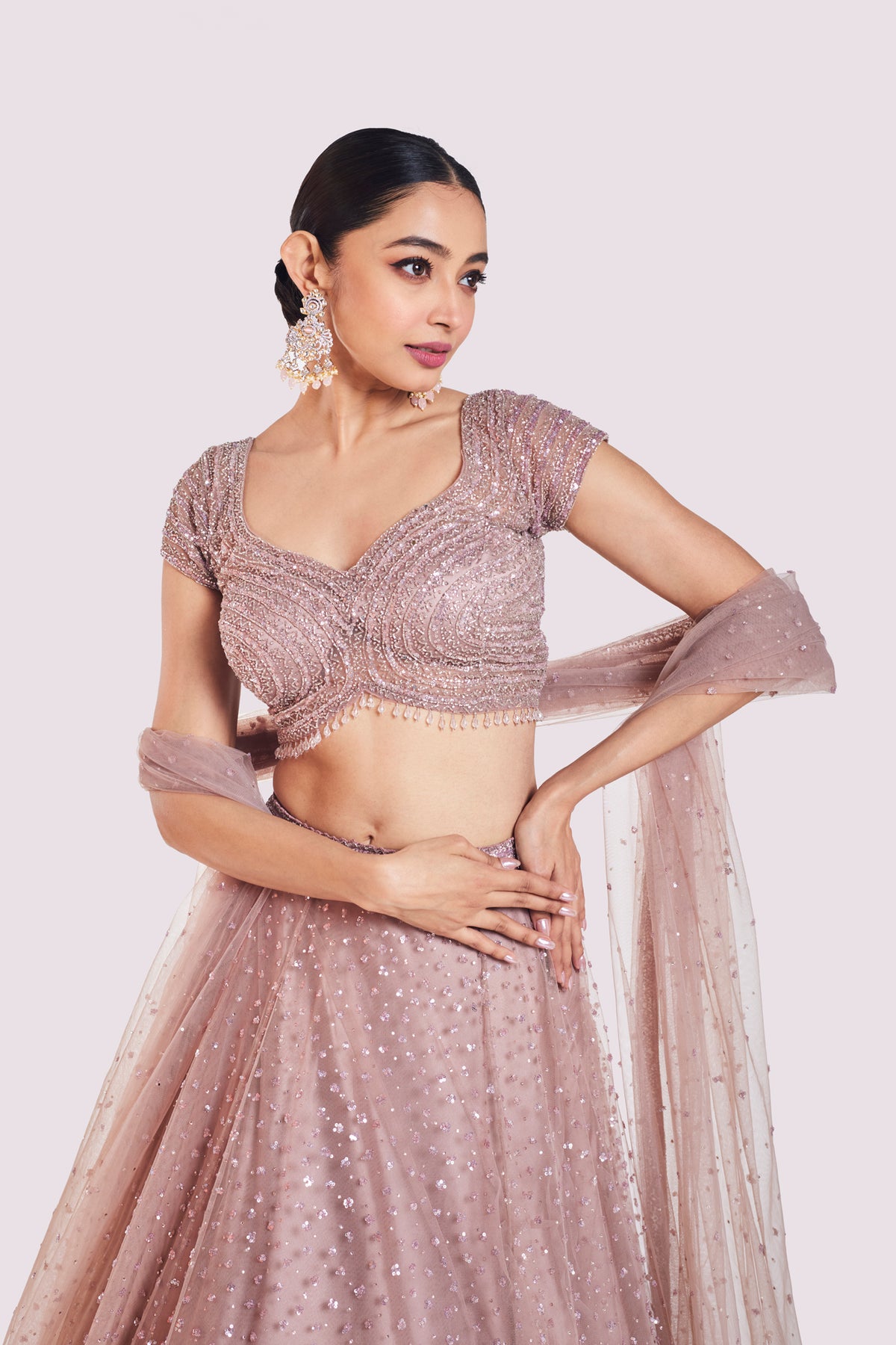Onion Pink Net Lehenga