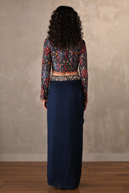 Navy Draped Silk Skirt With Multicolor Embroidered Jacket