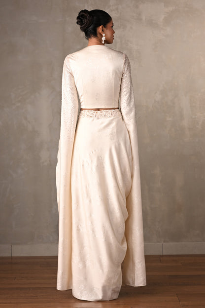 Ethereal Off-White Satin Cape Top & Draped Skirt Set