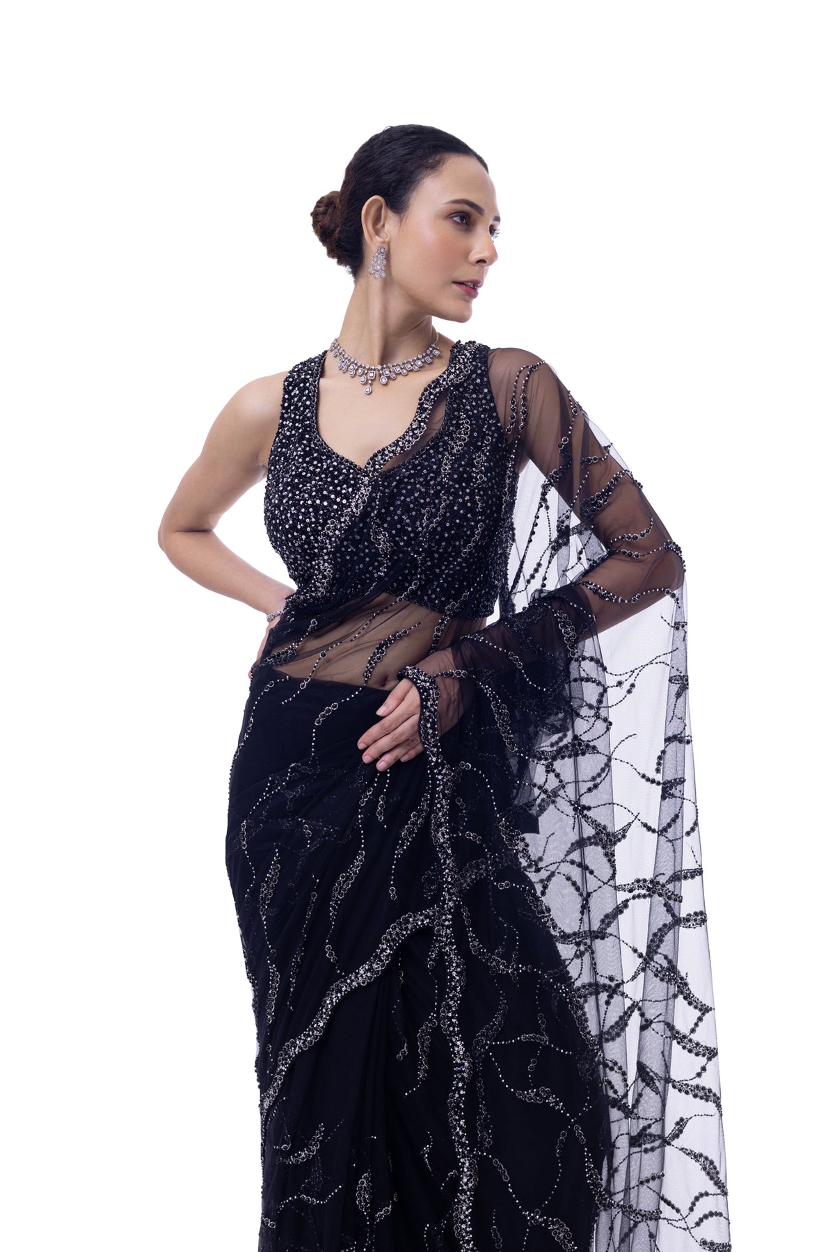 Black Embellished Net Saree