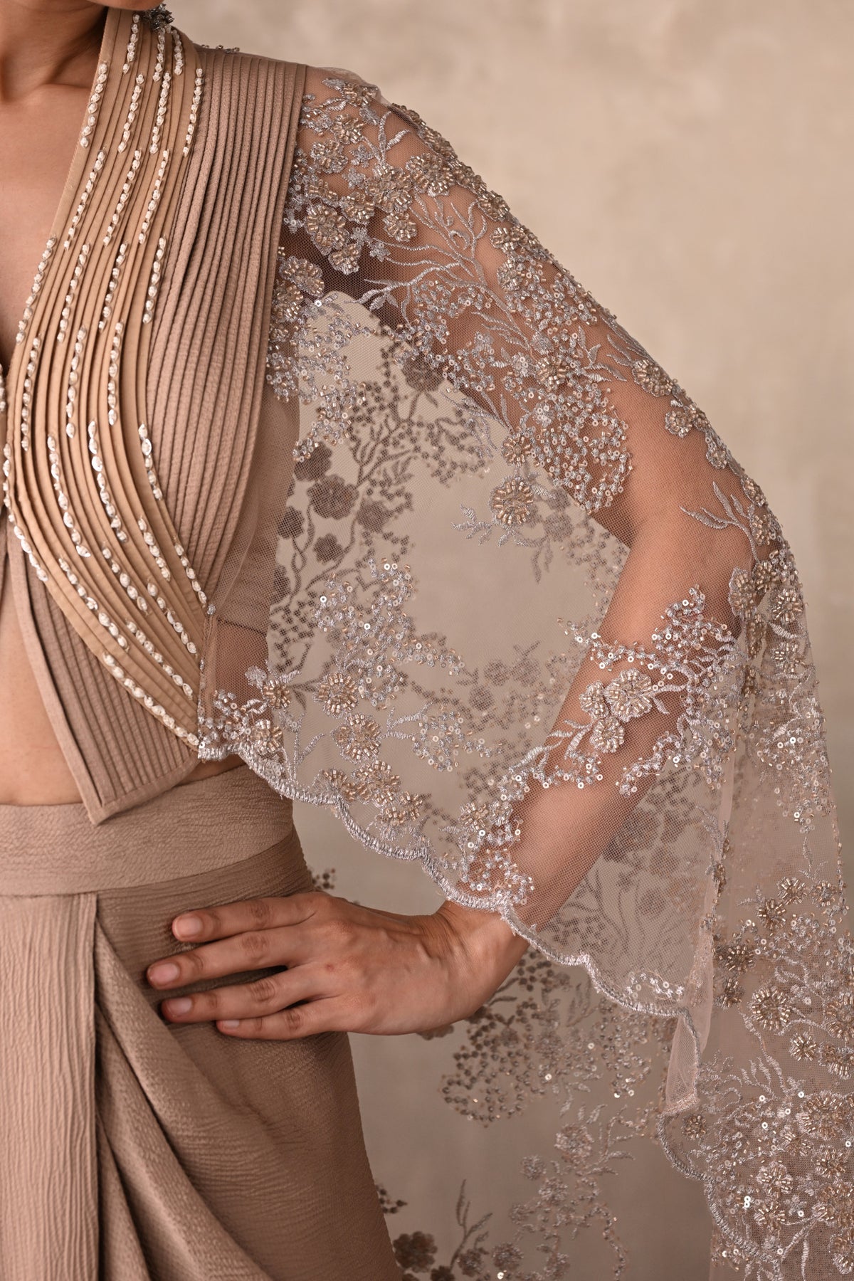 Champagne Satin Draped Skirt with Structured Sheer Cape