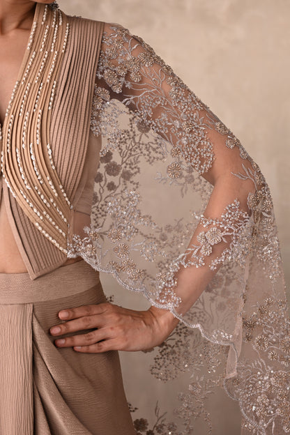 Champagne Satin Draped Skirt with Structured Sheer Cape