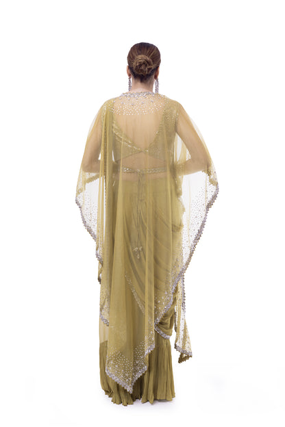 Lime Yellow Drape Saree With Cape