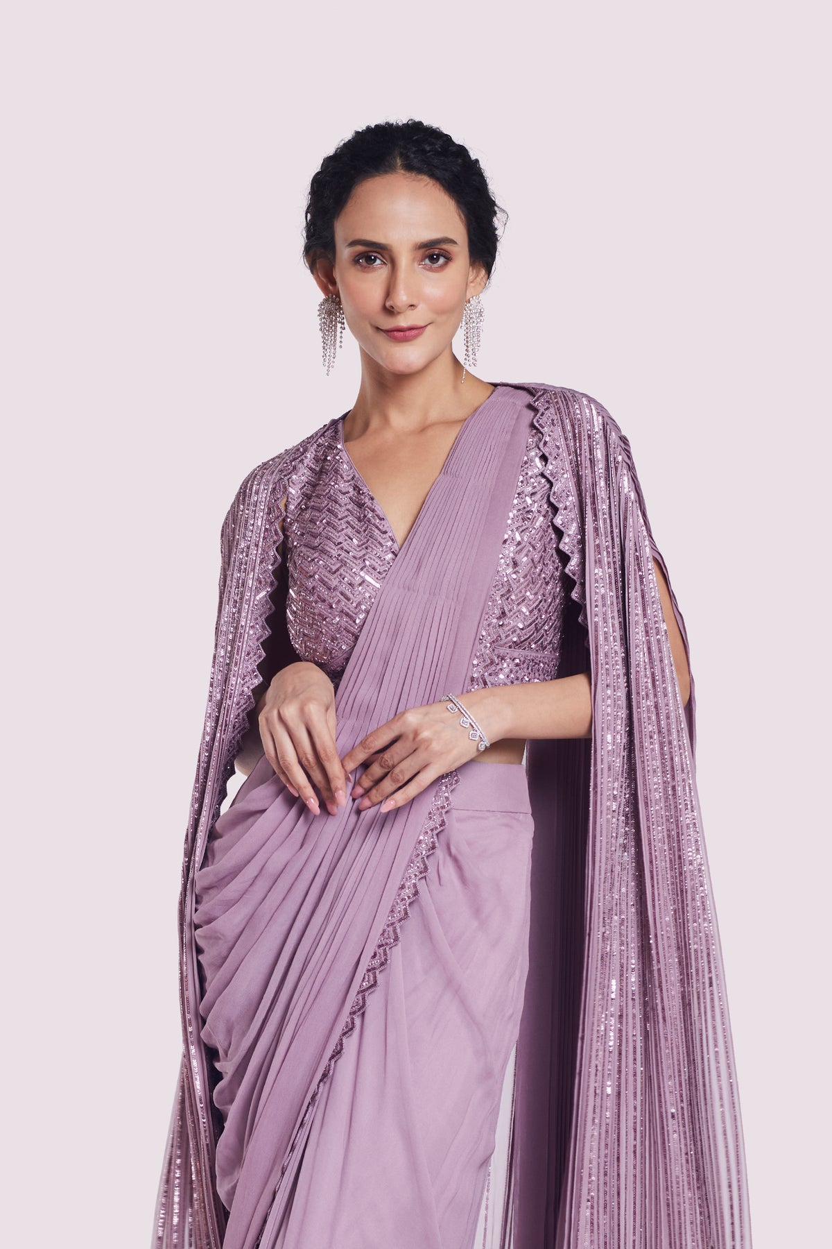 Embellished Drape Saree With Longline Cape