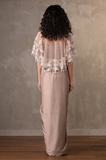 Blush Corset-Style Gown With Embroidered Cape