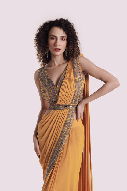 Embroidered Mustard Lycra Drape Saree