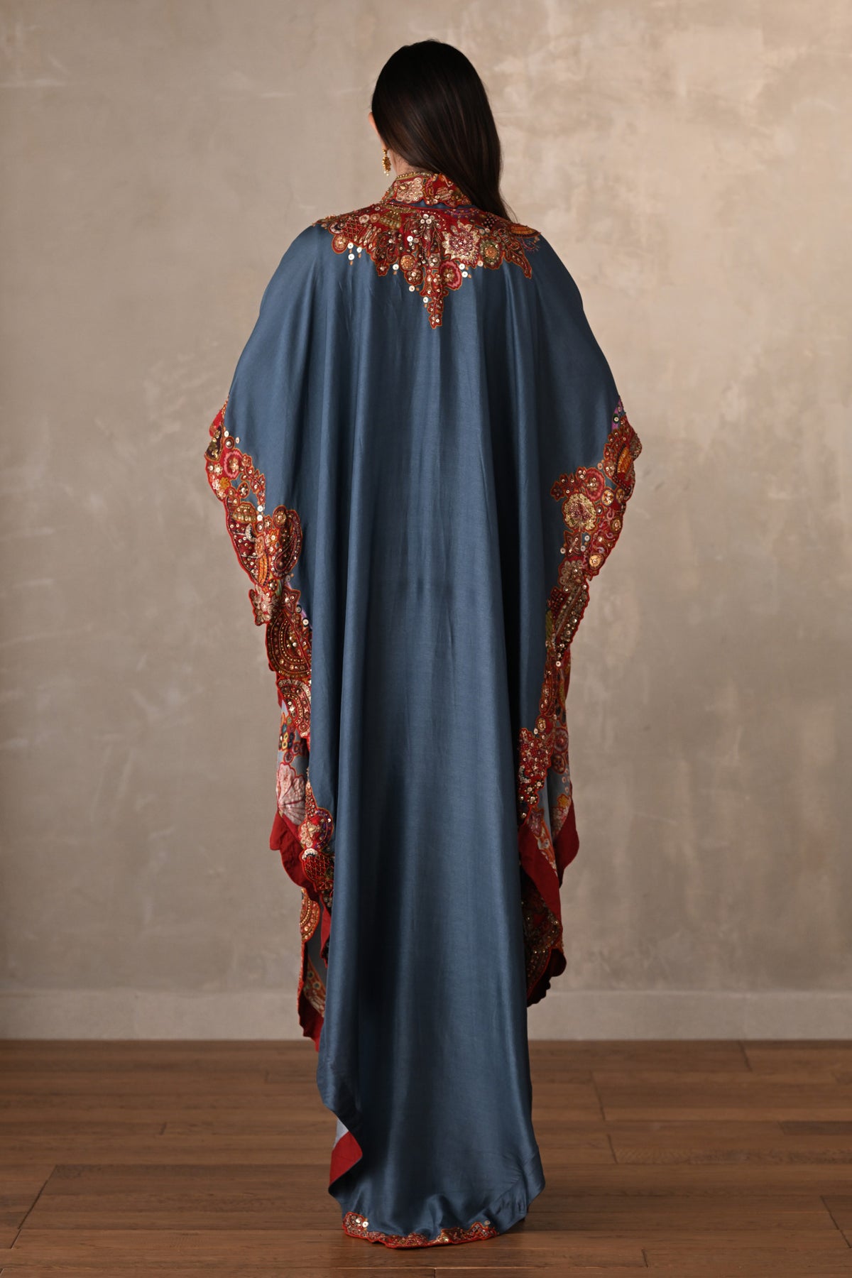 Blue Embroidered Kaftan Shirt & Drape Pant Co-Ord Set