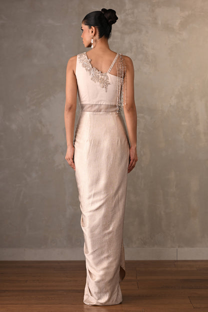 Embellished Satin Drape Gown With Pearl Detailing