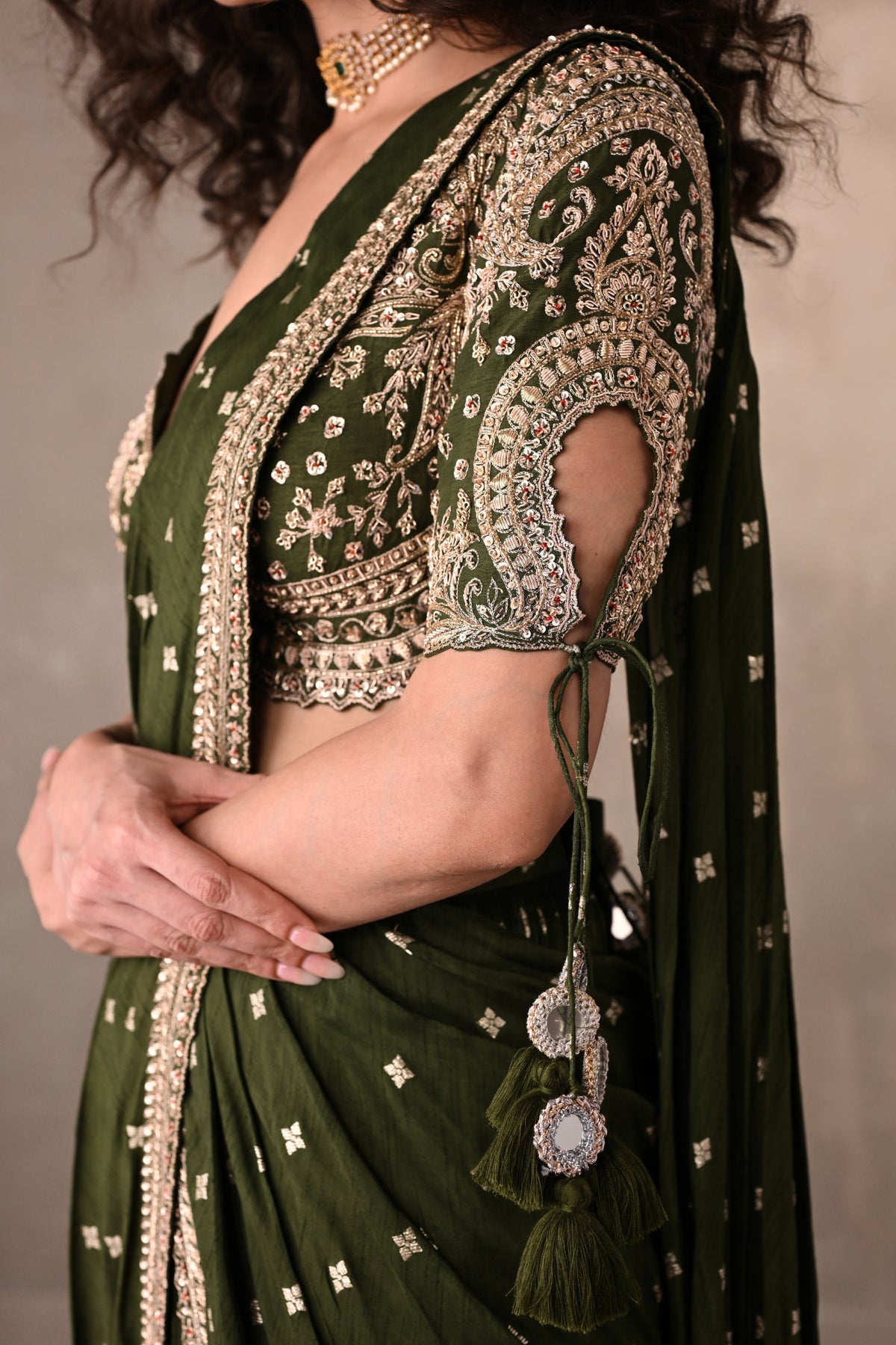 Zariya Olive Embroidered Drape Saree
