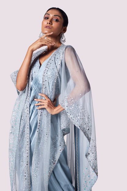 Doctor Blue Drape Saree With Cape