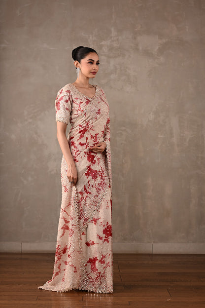 Floral Printed Embellished Saree Set