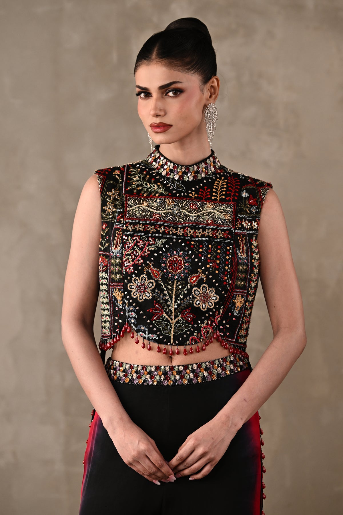 Multicolour Embroidered High-Neck Top & Shaded Pants Set