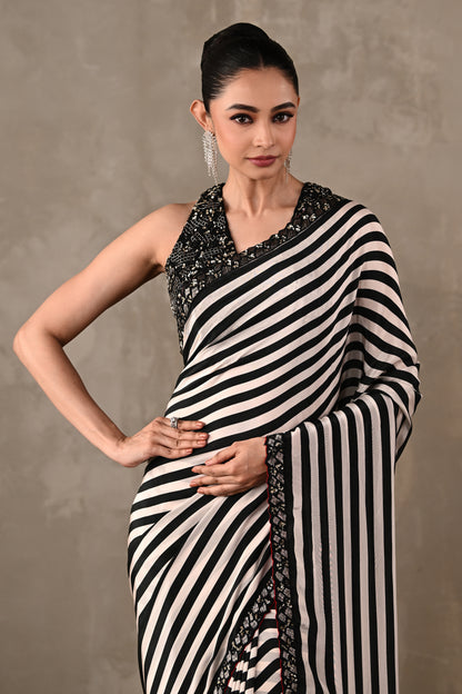 Striped Crepe Saree with Embroidered Blouse