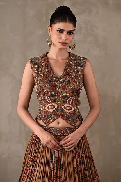 Embroidered Printed Satin Lehenga Set