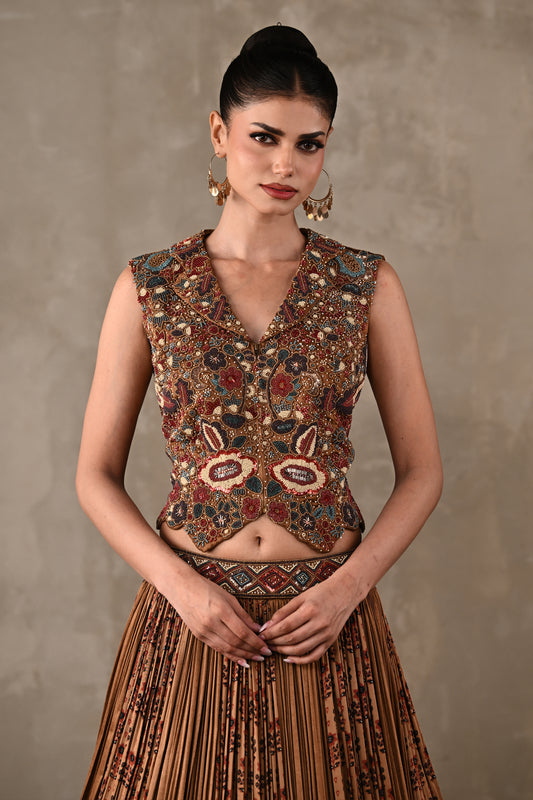 Embroidered Printed Satin Lehenga Set