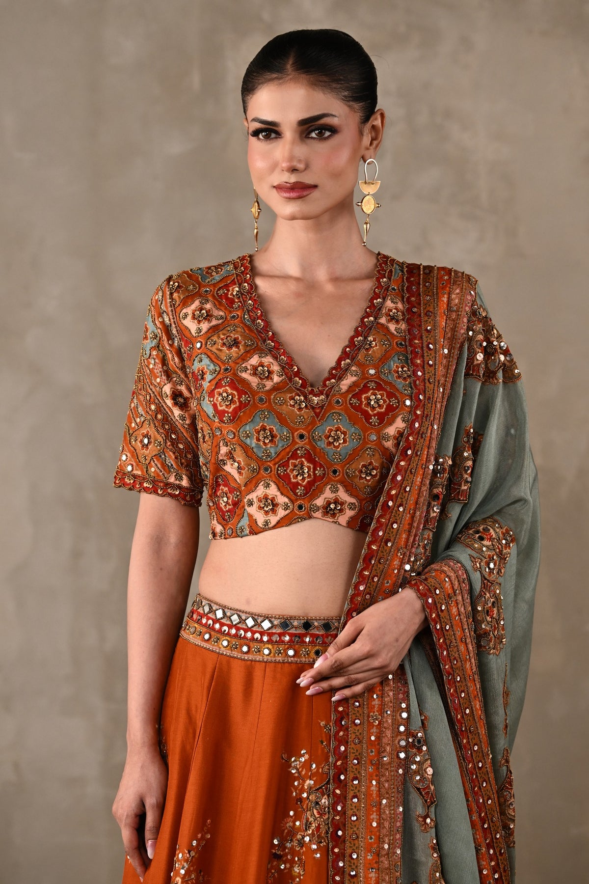 Mirror Work Printed Lehenga Set