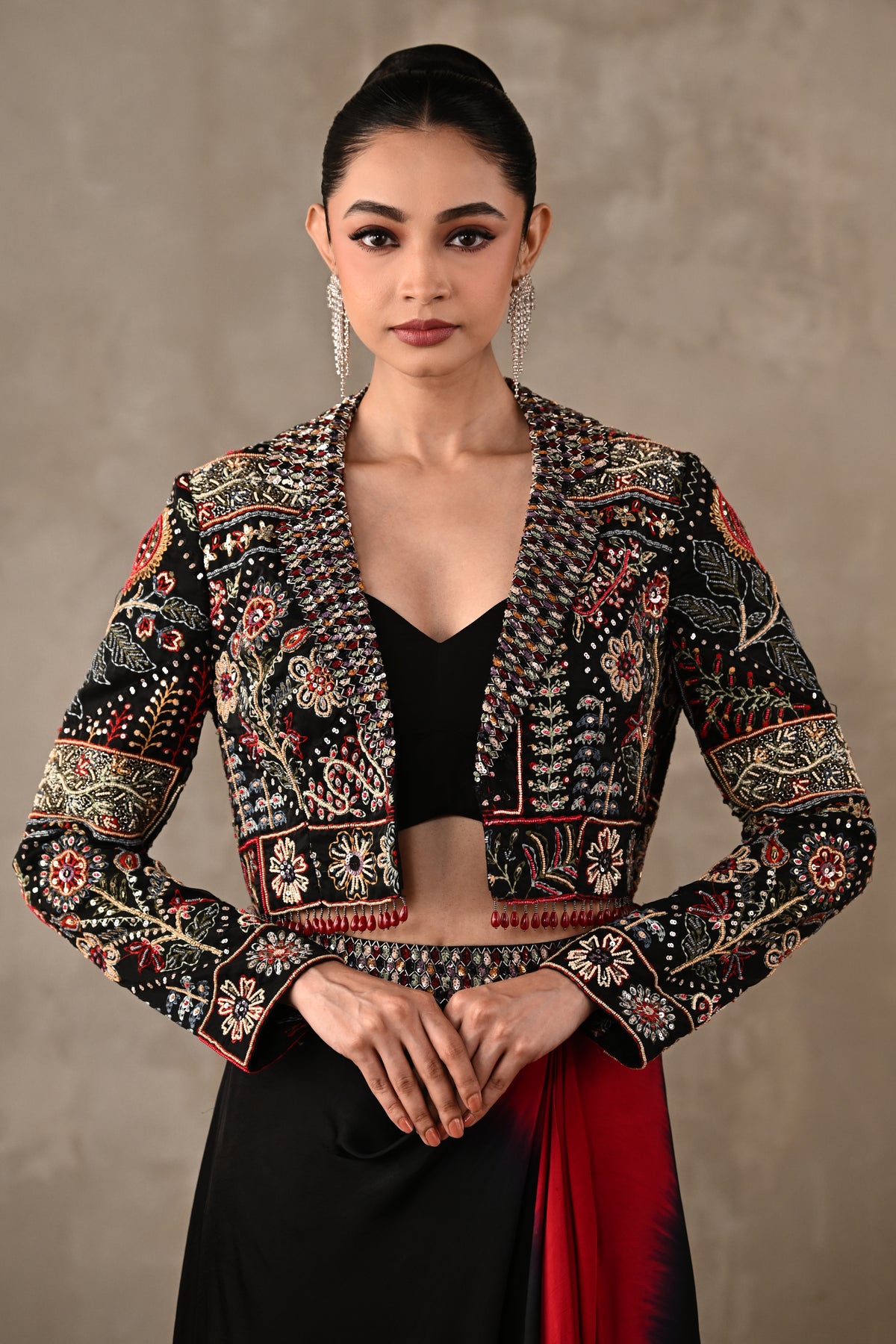 Multicolour Embroidered Cropped Jacket & Skirt Set