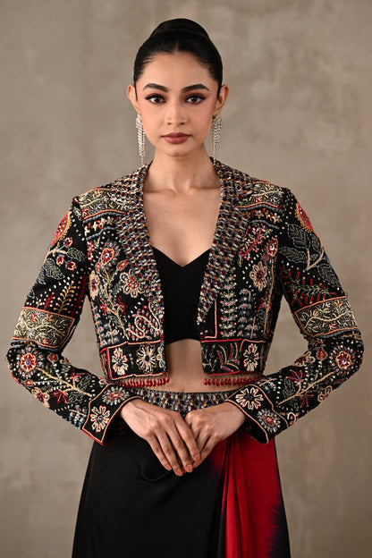 Multicolour Embroidered Cropped Jacket & Skirt Set