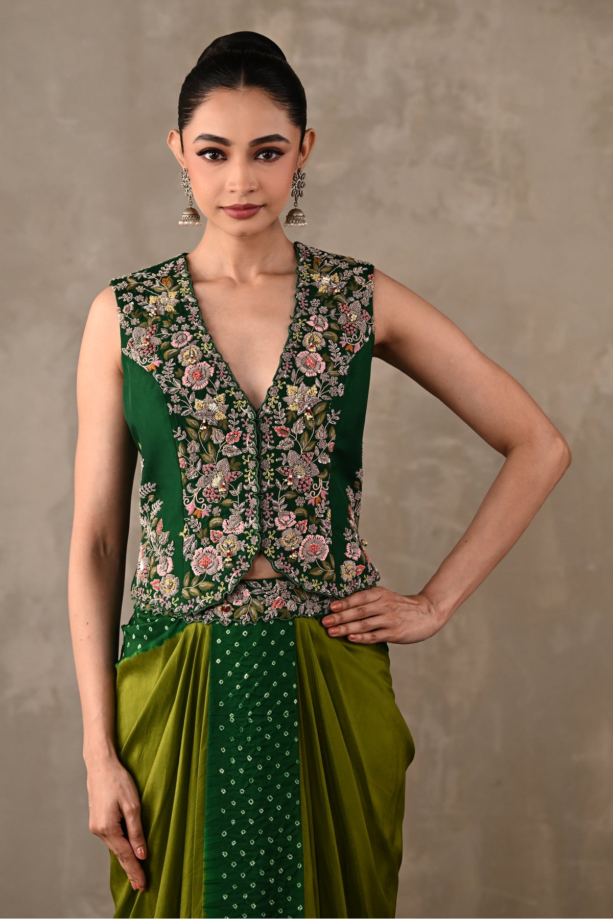 Zardosi Embroidered Top & Bandhej Drape Skirt Set