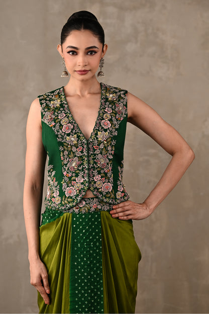 Zardosi Embroidered Top & Bandhej Drape Skirt Set