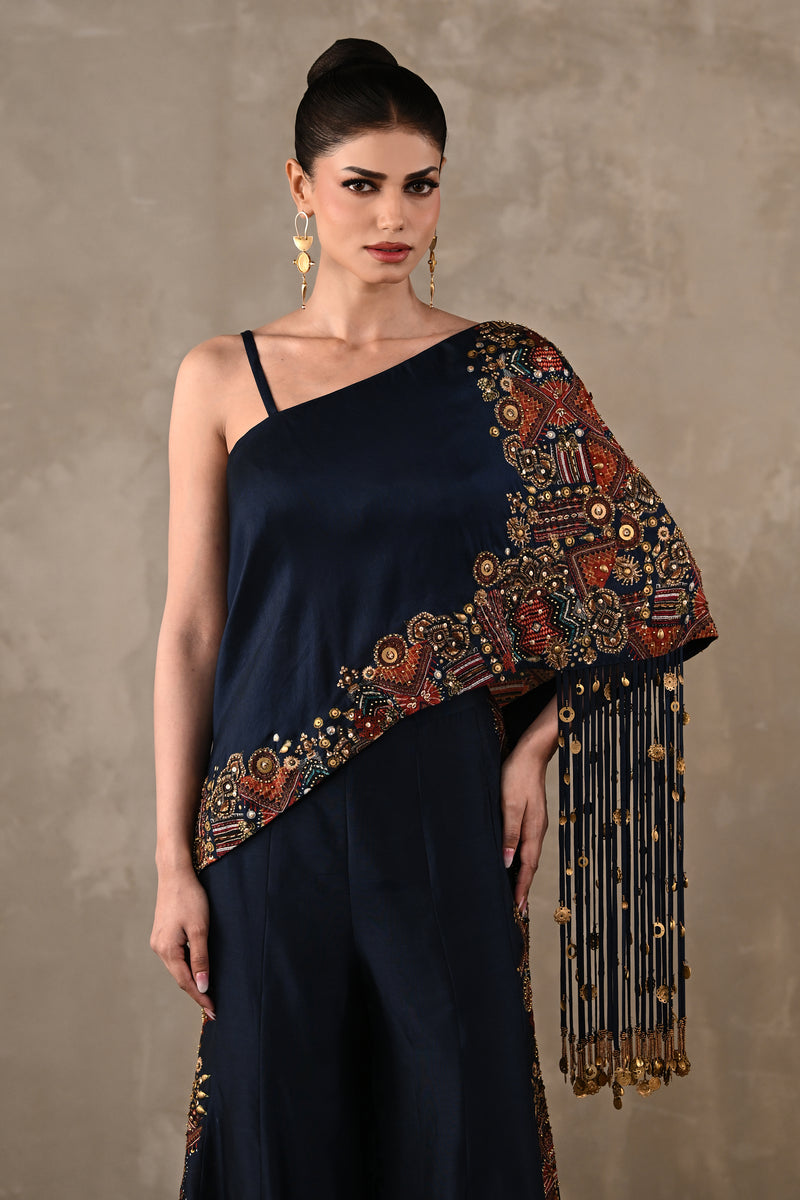 Embellished One-Shoulder Top & Flared Pants Set