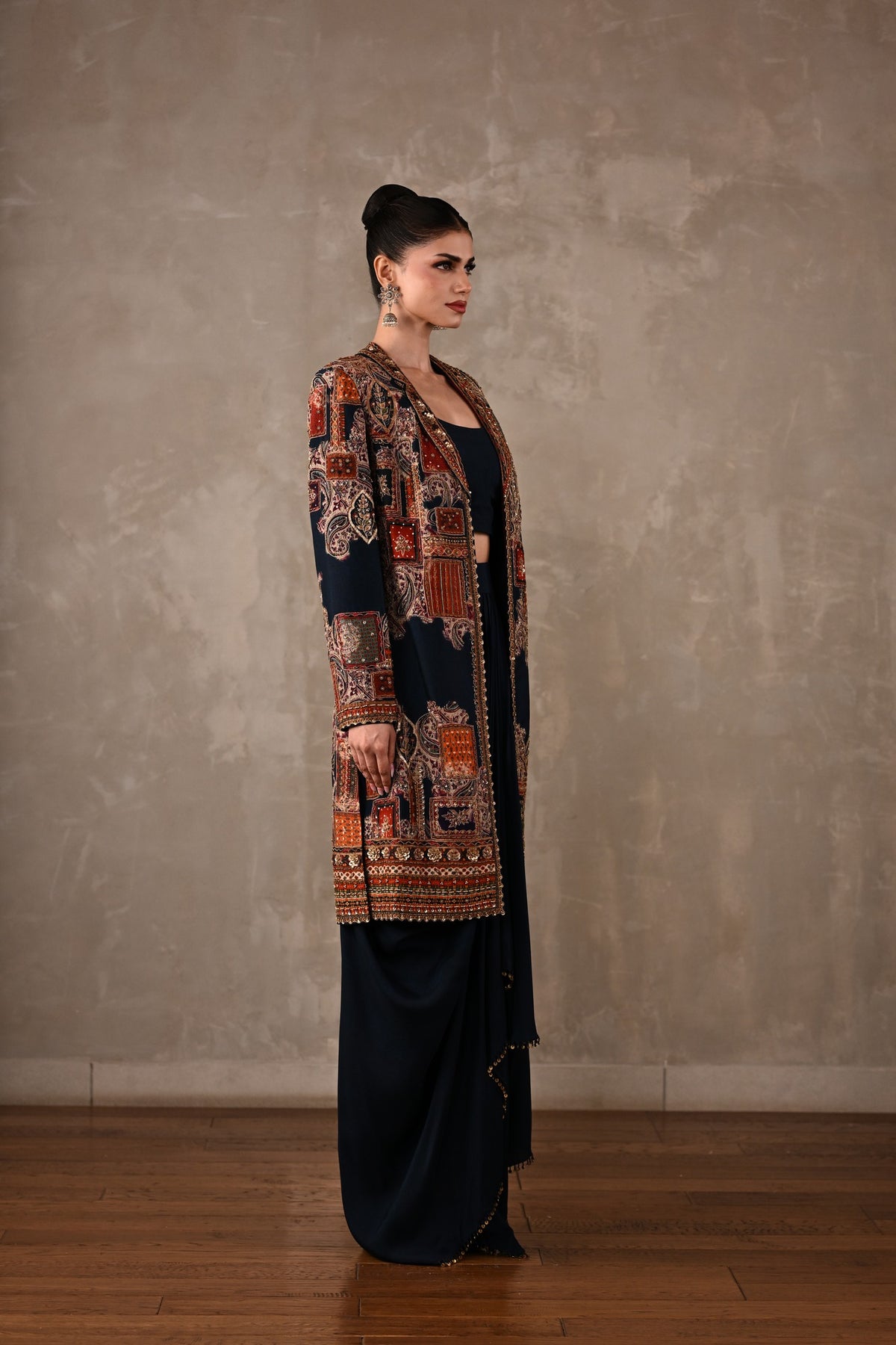 Patchwork-Inspired Long Jacket Skirt Set