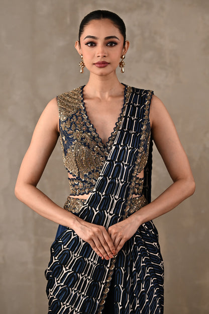Printed Embroidered Drape Saree Set