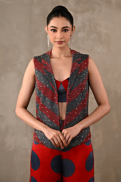 Embellished Vest & Polka Wide-Leg Pants Set