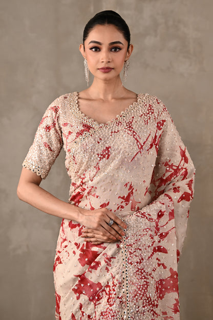 Floral Printed Embellished Saree Set