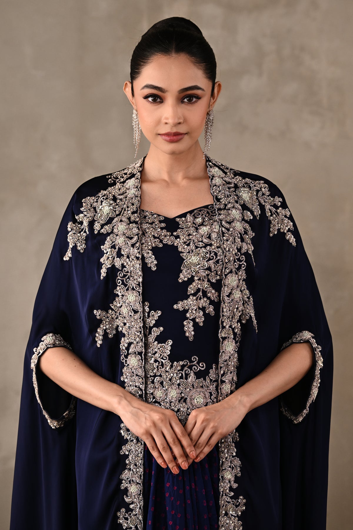 Zardosi Embroidered Cape & Bandhej Drape Skirt Set