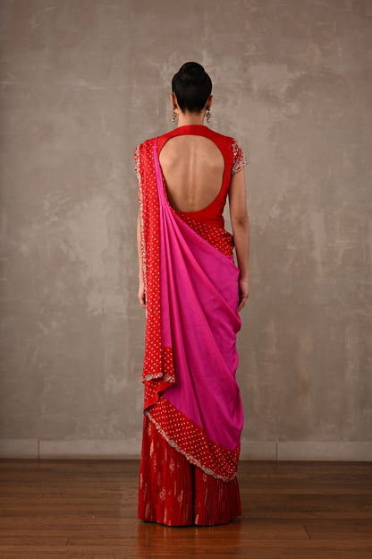 Bandhani Drape Set with Pleated Banarasi Pants
