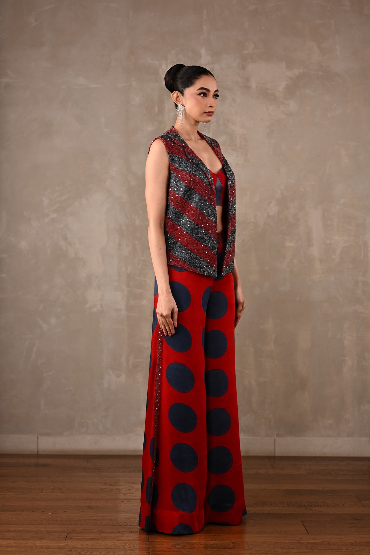 Embellished Vest & Polka Wide-Leg Pants Set