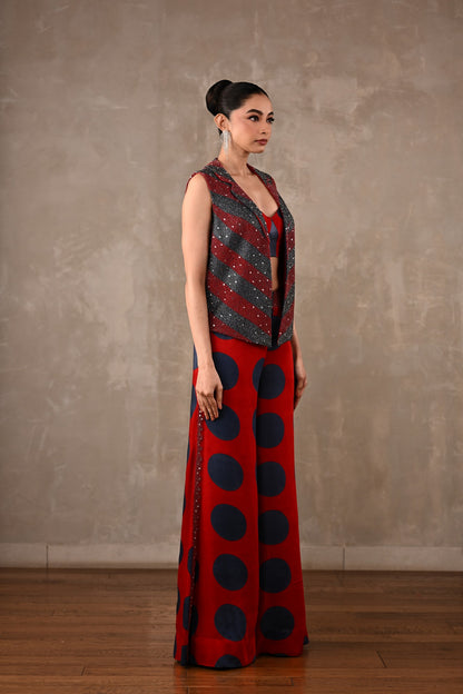 Embellished Vest & Polka Wide-Leg Pants Set