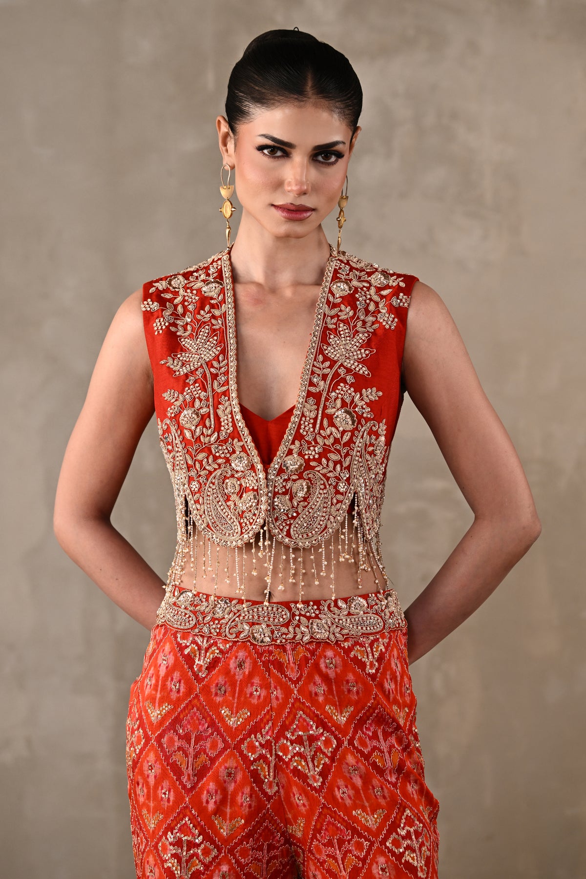 Embellished Silk Waistcoat & Pochampally Pants Set